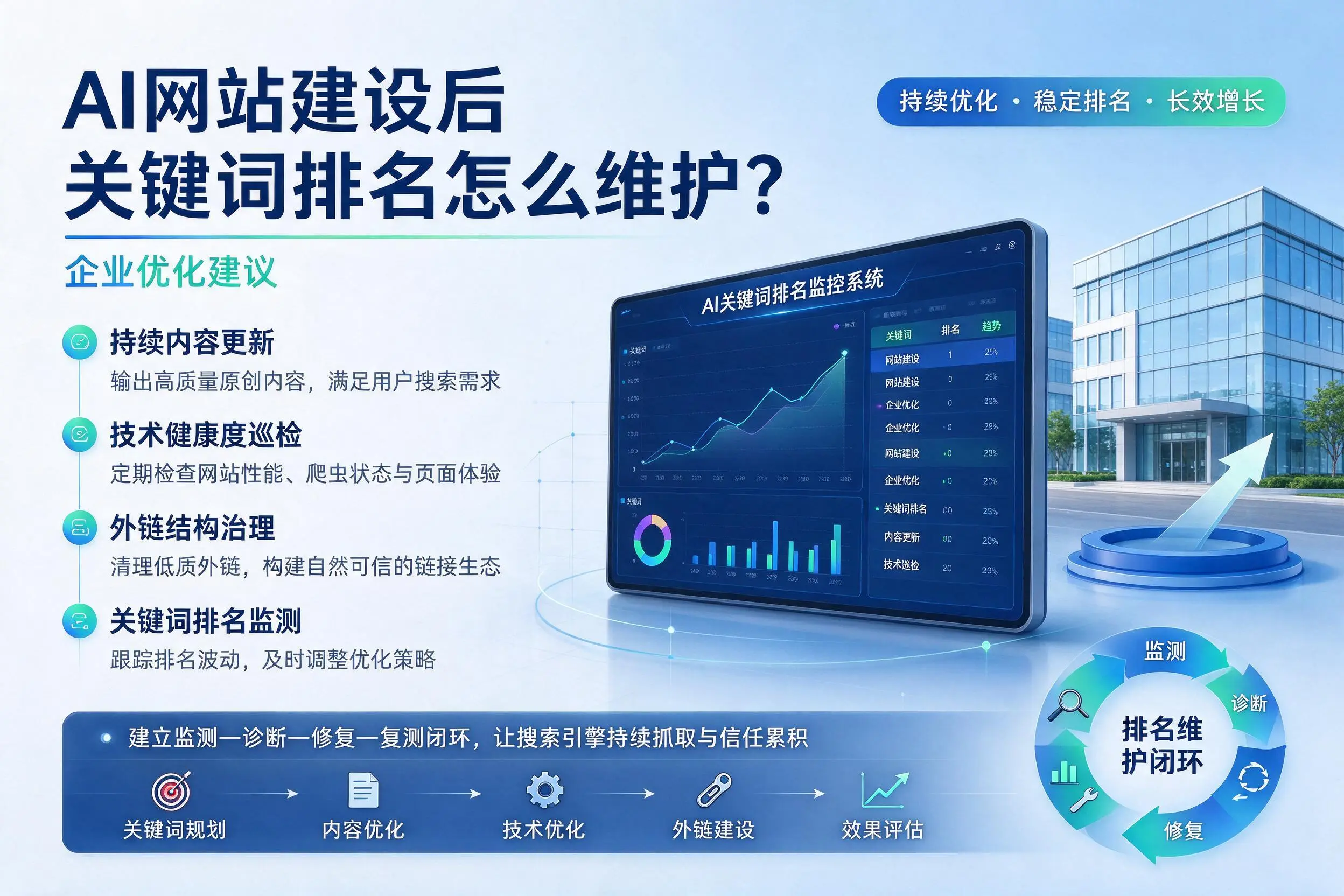 AI网站建设后关键词排名怎么维护?儋州企业优化建议