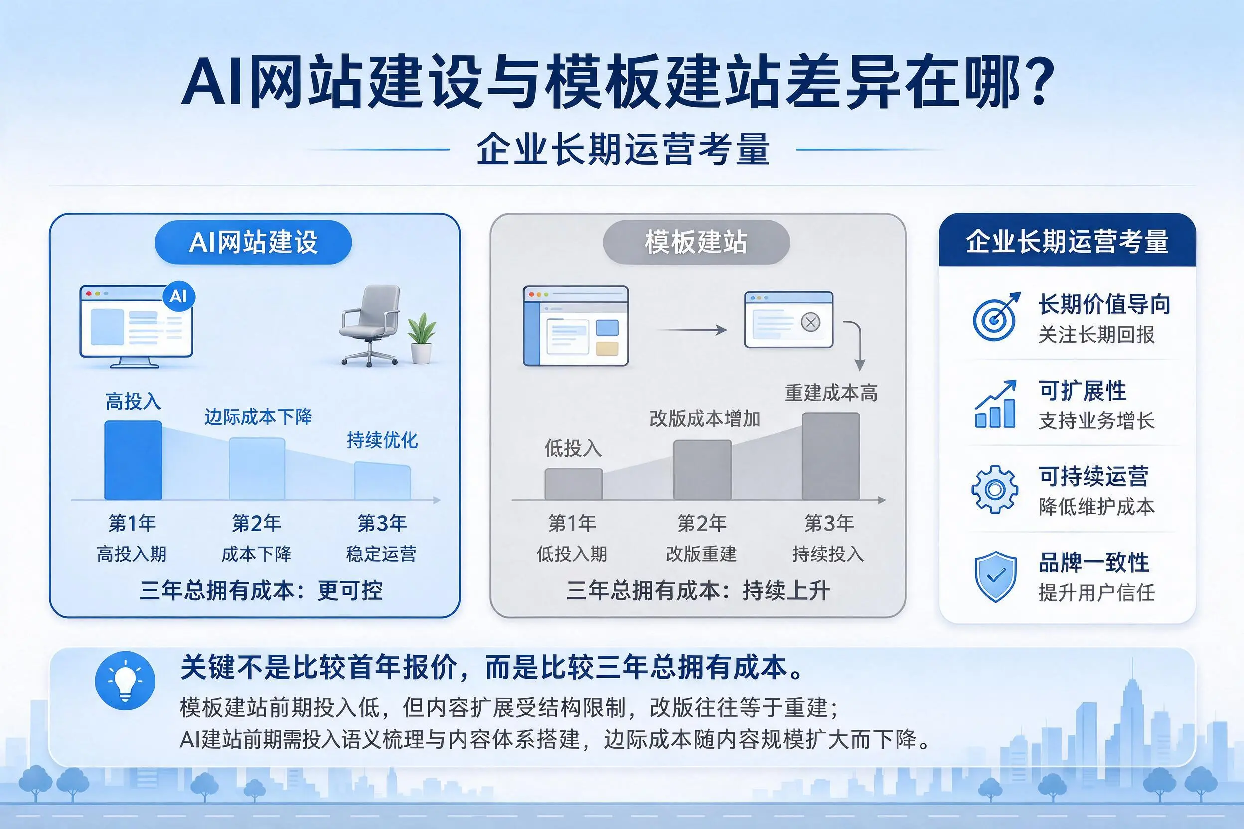AI网站建设与模板建站差异在哪?儋州企业长期运营考量